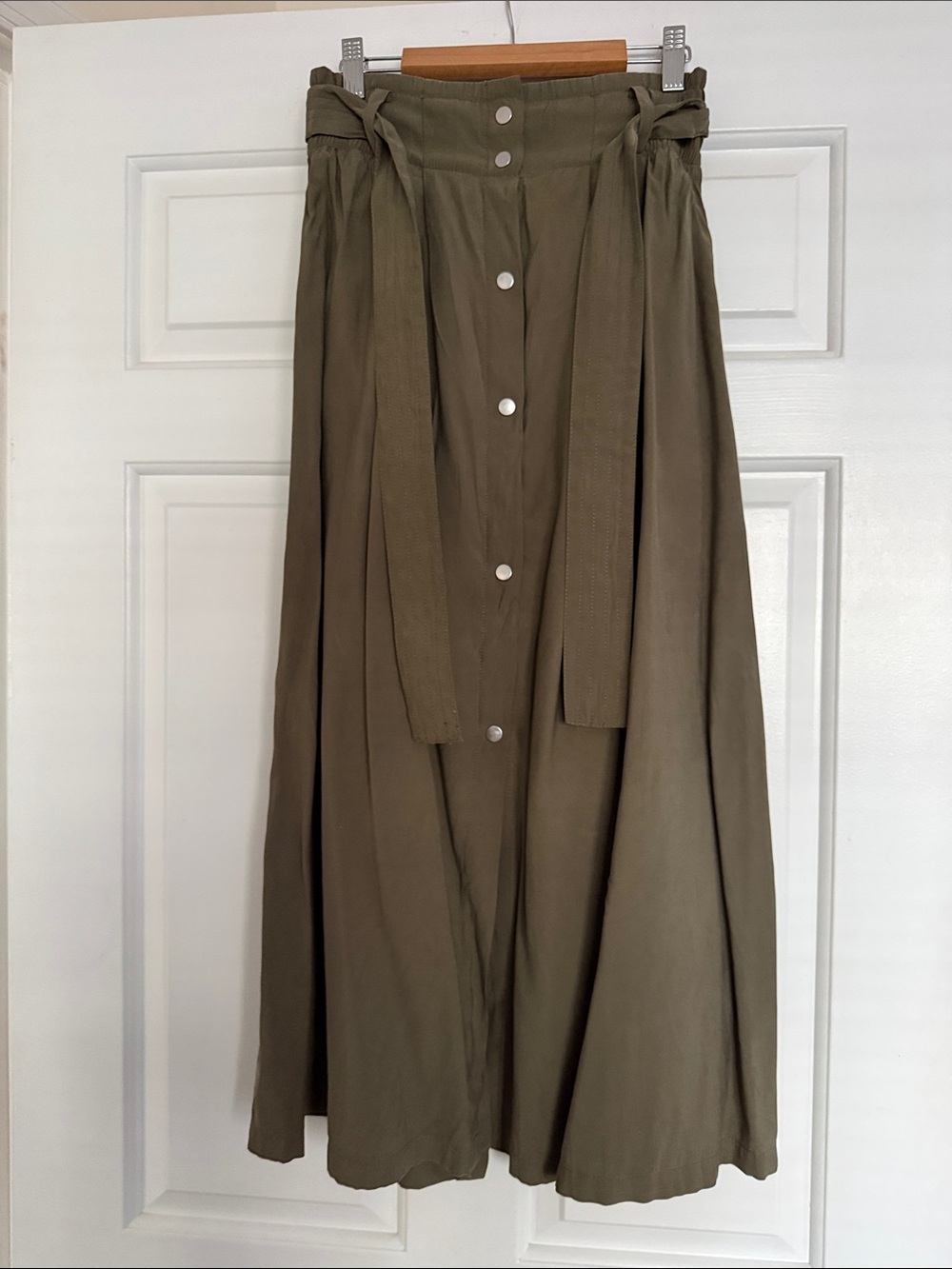 Mango Olive Green Button-Front Maxi Skirt with Waist Tie